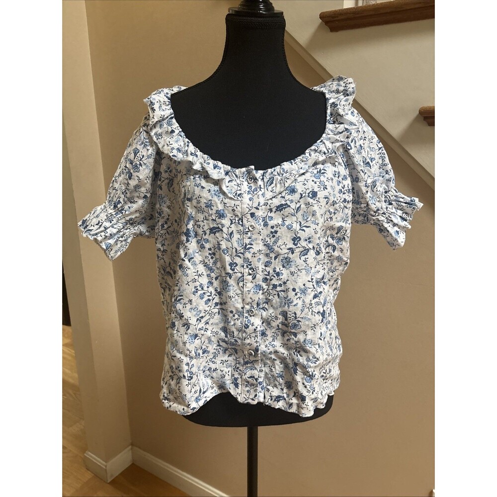Reformation Women’s 100% Linen Blue Floral Button Up Shirt Size Medium
